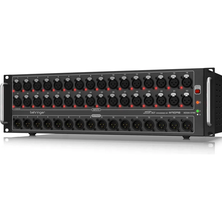 Behringer S32, Stagebox mit 32 MIDAS Mikrofonvorverstärkern, 16 analogen Ausgängen, AES50 Anschlüssen und Rack-montierbarem 3U Metallgehäuse