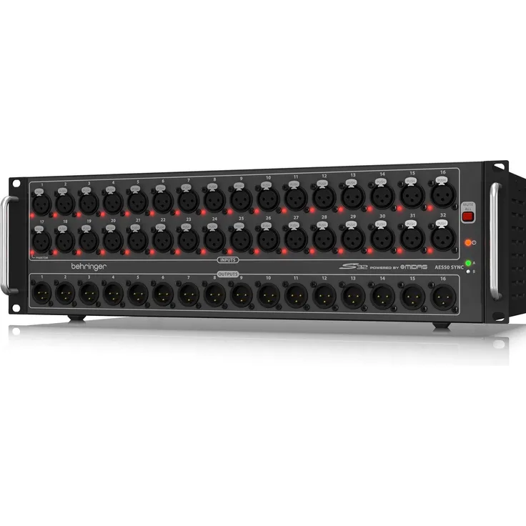 Behringer S32, Stagebox mit 32 MIDAS Mikrofonvorverstärkern, 16 analogen Ausgängen, AES50 Anschlüssen und Rack-montierbarem 3U Metallgehäuse