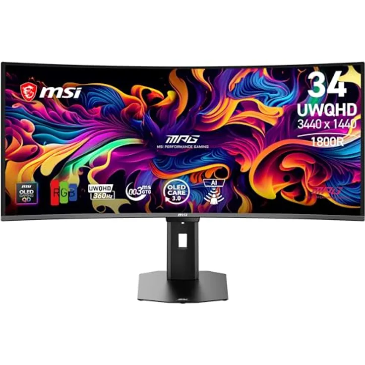 MSI MPG 341CQR X36 Gaming-Monitor, 34 Zoll UWQHD (3440x1440, 1800R), 5. Gen QD-OLED, 360Hz, 0,03ms Reaktionszeit, HDR Customization, Schwarz