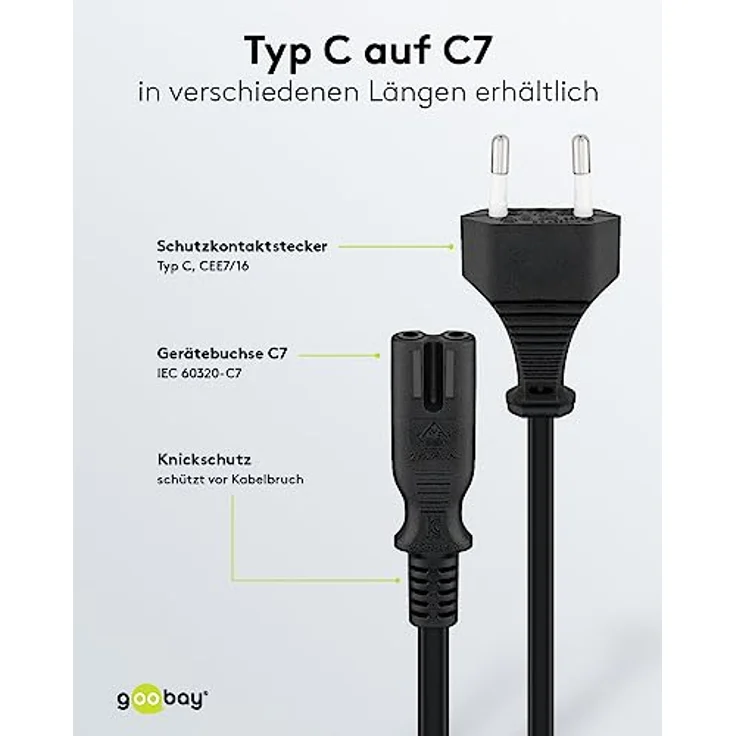 Goobay 51322 Euro Anschlusskabel, Netzkabel, Stromkabel, 2 adrig, Eurostecker (Typ C, E 7-16) > Gerätebuchse C7, 1,8m, schwarz – Bild 3