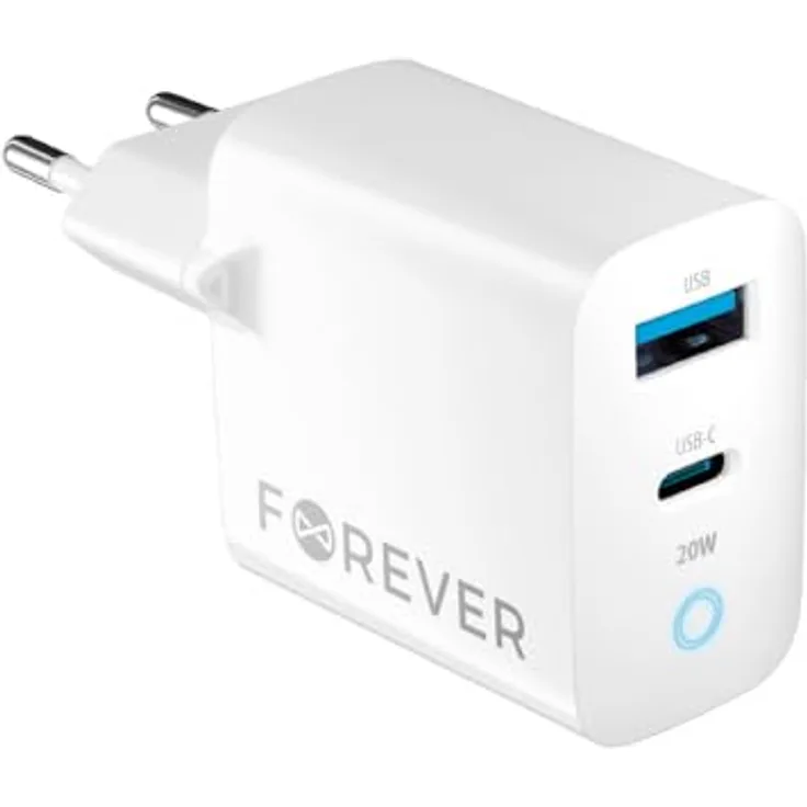 FOREVER Schnellladegerät Netzteil CQ PD 20W, 1x USB, 1x USB-C 3A - Weiße hohe Qualität für Alles Handy iPhone Xiaomi Huawei Motorola Samsung, Smartphone, elektrische Zigarette, Smartwatch, iPad