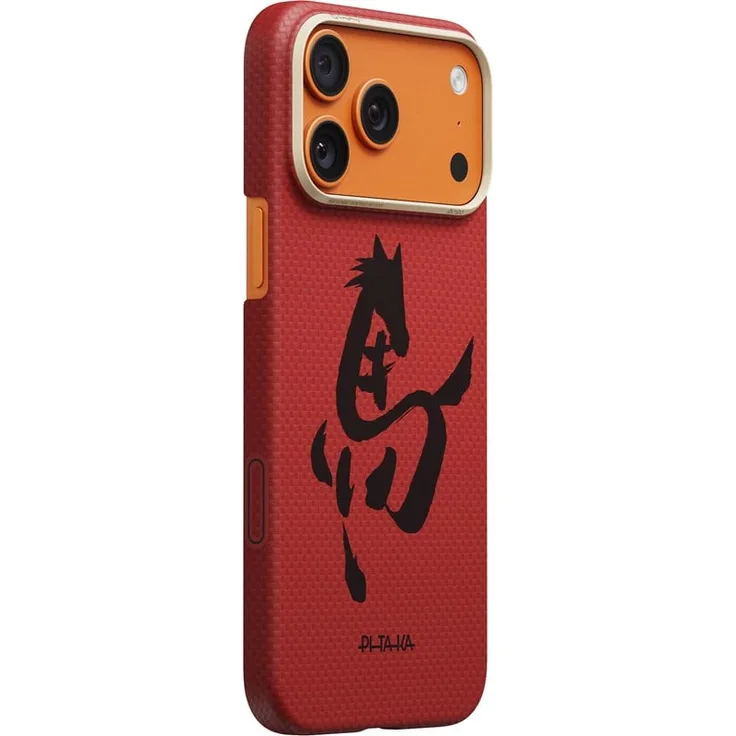 PITAKA Edge Case Ink Horse Cinnabar, Handyhülle für iPhone 17 Pro aus Aramidfaser mit MagSafe-Kompatibilität und PitaTap™-Steuerung