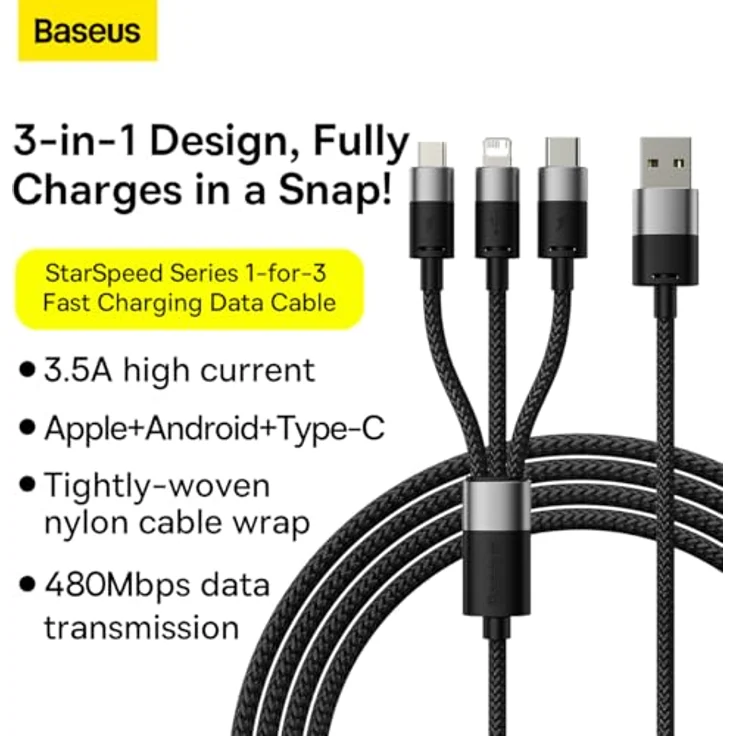 Baseus StarSpeed 3-in-1 USB-Kabel, USB-C / Micro-USB / Lightning, 3,5 A, 1,2 m, schwarz – Bild 3