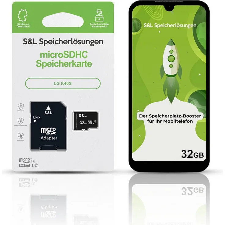 Tec-Expert microSD Karte S&L für LG K40S, 32 GB, Class 10, microSDHC, stoßfest und wasserdicht