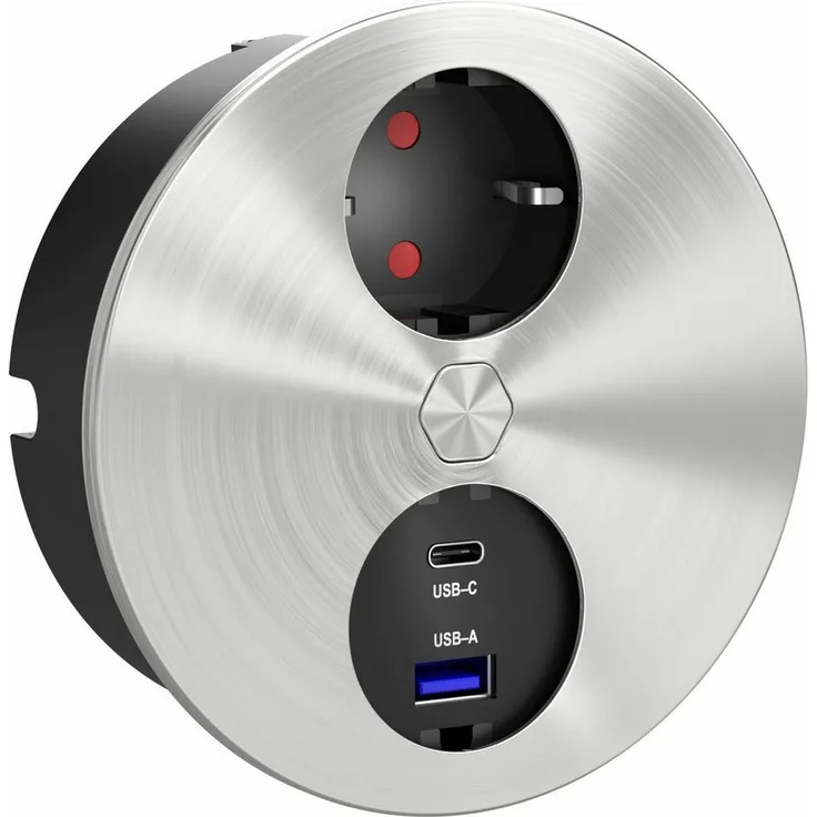 HPF Einbausteckdose Duplex-R, Küchensteckdose mit USB A/C, Edelstahl, elektrischer Öffnungsmechanismus, Einbautiefe 45,5 mm, Kabellänge 2,0 m