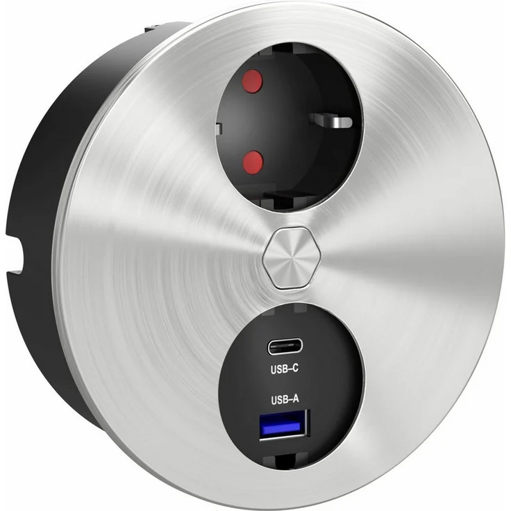 HPF Einbausteckdose Duplex-R, Küchensteckdose mit USB A/C, Edelstahl, elektrischer Öffnungsmechanismus, Einbautiefe 45,5 mm, Kabellänge 2,0 m