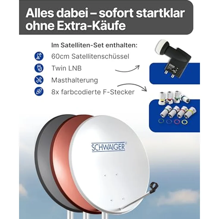 SCHWAIGER Satellitenschüssel Komplettset Ø 60 cm, Stahl Offset Antenne in Hellgrau, inkl. sonnengeschütztem Twin LNB, HD & 4K Empfang, hitzebeständig & wetterfest – Bild 3