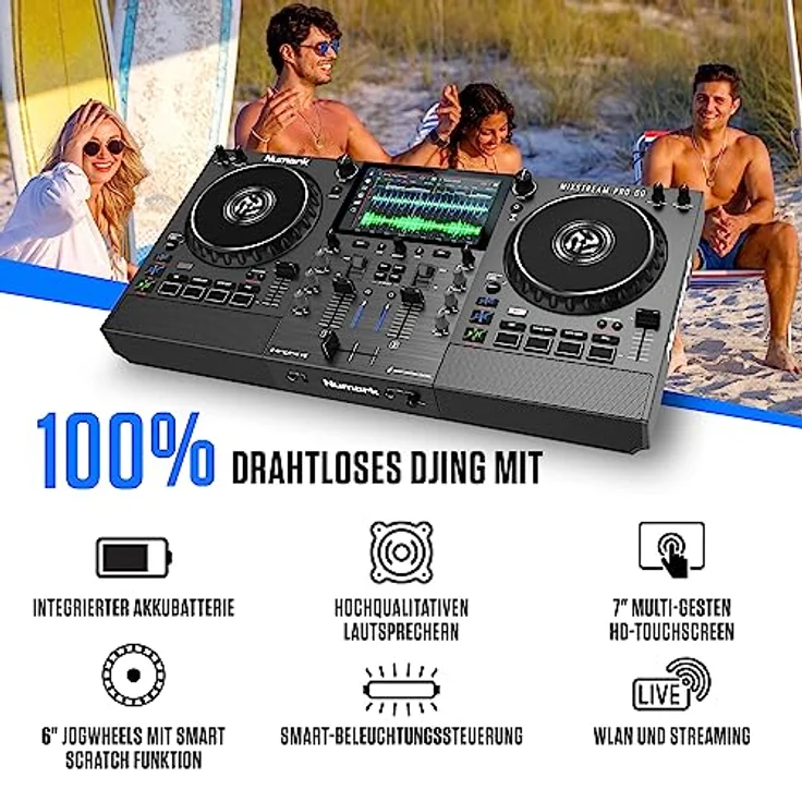 Numark Mixstream Pro Go - Standalone DJ-Controller mit Akku, DJ-Mixer, Lautsprechern, Amazon Music Unlimited, WLAN, Touchscreen, kompatibel mit Serato DJ – Bild 2