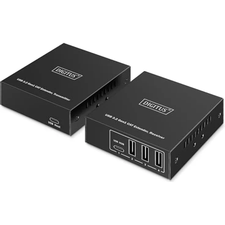 DIGITUS USB 3.2 Gen1 Ethernet-Extender, 4-Port USB-Hub mit 3x Typ-A und 1x Typ-C, 100m Reichweite, 5 Gbps, ESD- und Überspannungsschutz, Schwarz