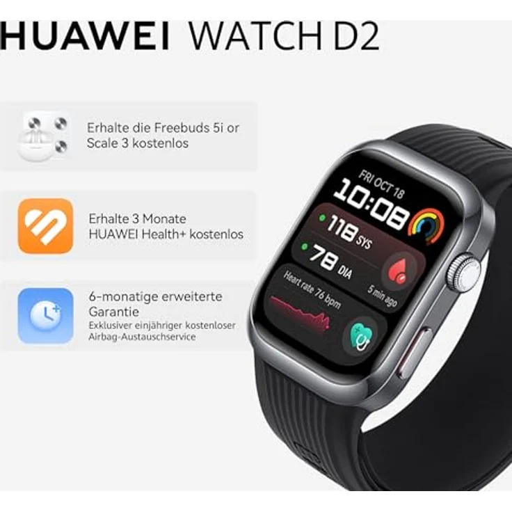 HUAWEI Watch D2, 1,82" AMOLED-Display, Ambulante Blutdruckmessung, Leichtes und schlankes Design, EKG, Intelligente Lifestyle, Gesundheits-Community, Kompatibel mit iOS & Android, Schwarz – Bild 2