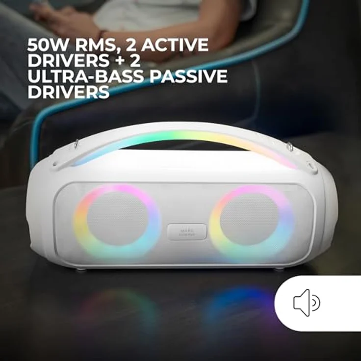Mars Gaming MS-Pulse, Tragbarer 50W RMS Bluetooth-Lautsprecher mit RGB-Beleuchtung, 2 Aktive 93mm Treiber, 2 Passive Ultra-Bass-Treiber, USB/MicroSD/AUX/FM, Weiß – Bild 2
