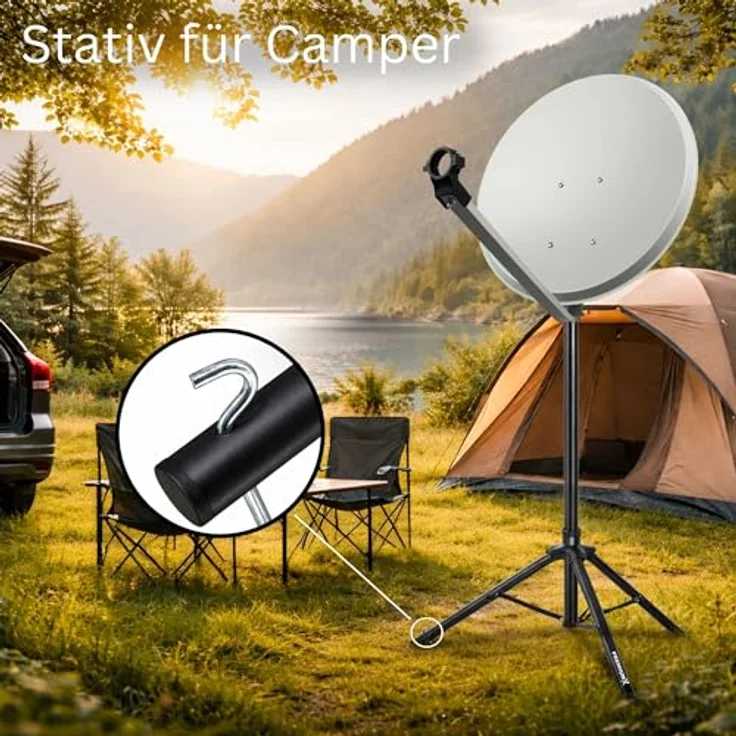 Premium X Camping SAT Stativ Aluminium 120cm Ø 35mm Schwarz - Windfestes Dreibein zur Antennenhalterung für Wohnwagen & Balkon, inkl. Heringen, leicht und platzsparend zusammenklappbar – Bild 2