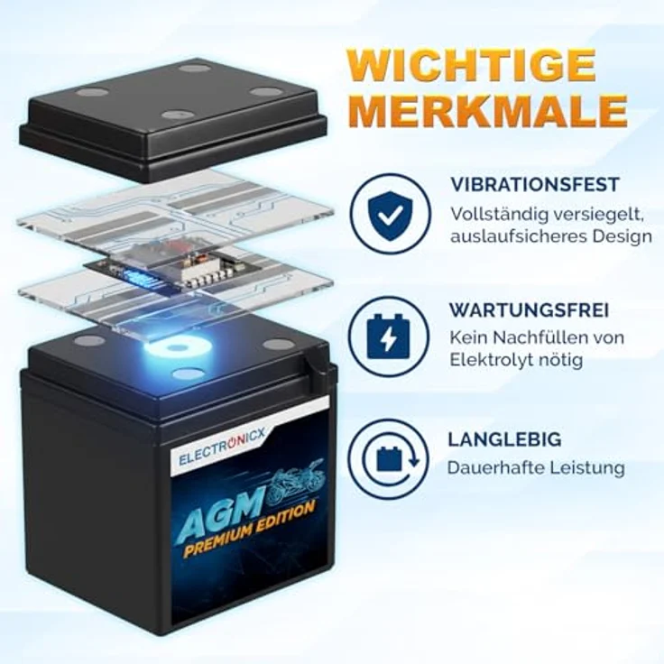 Electronicx YT4B-BS AGM Motorradbatterie, wartungsfrei, 2.3Ah 12V, auslaufsicher, rüttelfest für Motorrad, Roller, Moped, Scooter – Bild 3