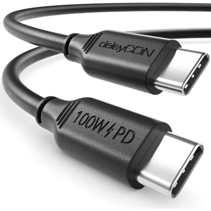 deleyCON 0,5m USB C Kabel PD3.0, 100W Schnellladekabel mit E-Marker Chip, kompatibel mit iPhone 17/16/15 Pro Max, Galaxy S26/S25/S24/S23/S22, Pixel, iPad Pro, MacBook Air, Schwarz – Bild 1