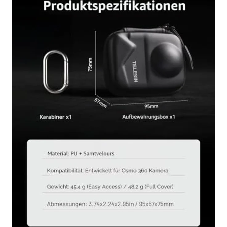 TELESIN Telesin DJI Osmo 360 Schutztasche, starren PU-Schale, weiches Samt-Innenfutter, wetterbeständig, schwarzes Design – Bild 9