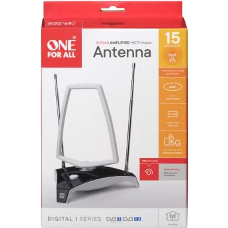 One for All for All – 3G/4G/5G-blockfilter - DVB-T2 Zimmerantenne Digital-TV in Full HD Drehbar und kippbar 0 bis 15 km Reichweite Weiss SV9360-5G, bunt – Bild 3