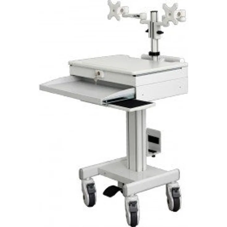Roline Höhenverstellbare Monitor Halterung, mobile Arbeitsstation für zwei Monitore, weiß, VESA 75/100, inkl. ausziehbarer Tastaturablage und Rollen