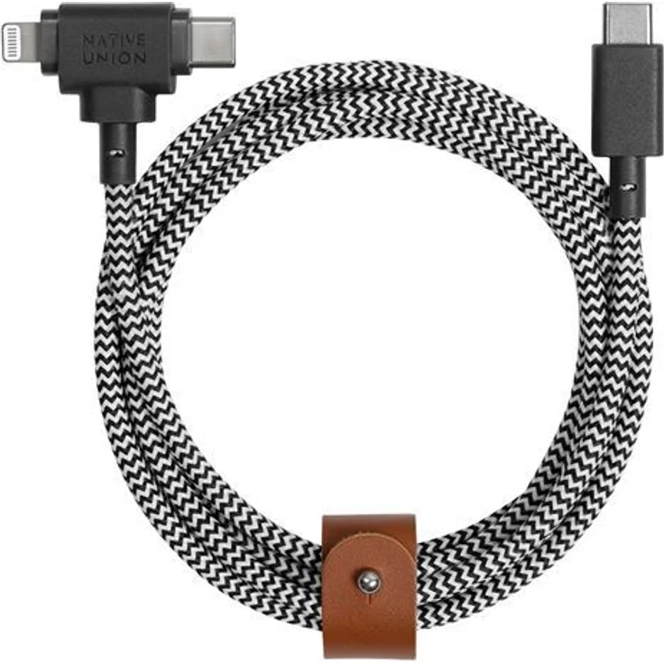 NATIVE UNION Eco Belt USB-C zu-USB-C/Lightning-Kabel, 1,8 m, Zebra, robust, Schnellladung bis 60 Watt, umweltfreundlich
