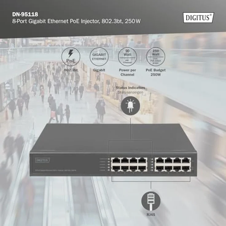 DIGITUS PoE+-Injektor - 8 RJ45-Ports - Gigabit - IEEE802.3bt - 250W PoE-Budget - 54VDC - 10/100/1000 Mbit/s - 100m Reichweite - Plug & Play - Schwarz – Bild 2