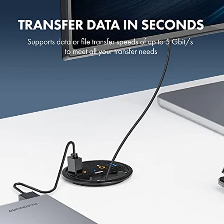 GRAUGEAR | USB 3.0 Tisch-HUB | 3 Ports | 1x USB-C | 2X USB-A | Audio I/O | Einbau in 60mm Schreibtischloch | Kabellänge 150cm | Staubschutzabdeckung | 5Gbit/s | G-THUB-AU-60 – Bild 3