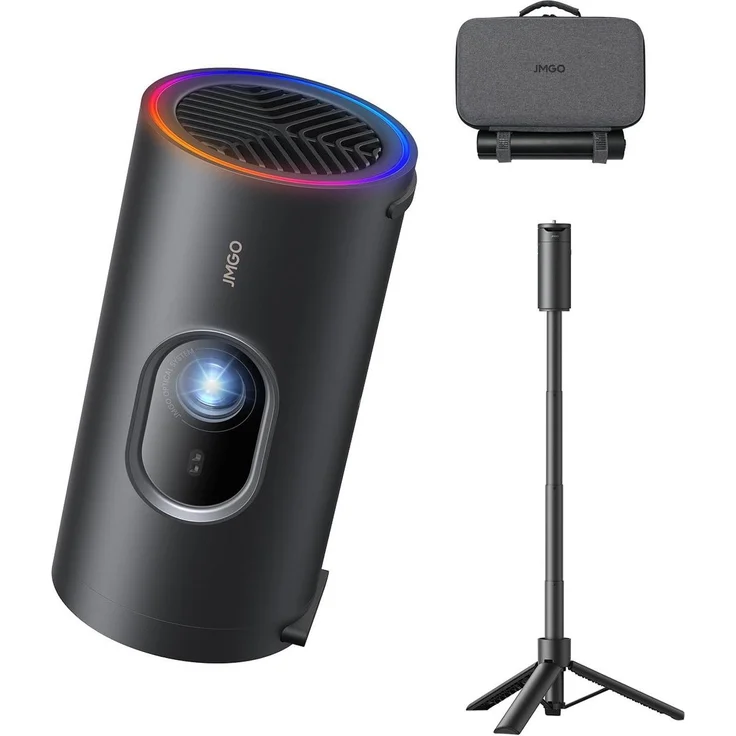 JMGO PicoPlay+ Bundle, Tragbarer Full HD Beamer mit 450 ISO-Lumen, 16 GB Speicher, Bluetooth-Lautsprecher und Powerbank-Stativ, Schwarz