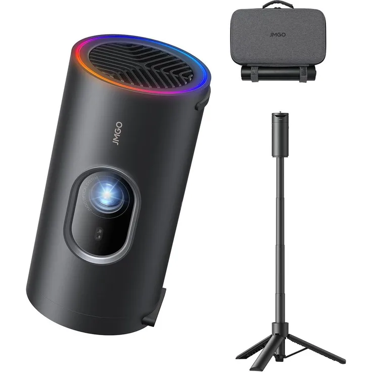 JMGO PicoPlay+ Bundle, Tragbarer Full HD Beamer mit 450 ISO-Lumen, 16 GB Speicher, Bluetooth-Lautsprecher und Powerbank-Stativ, Schwarz