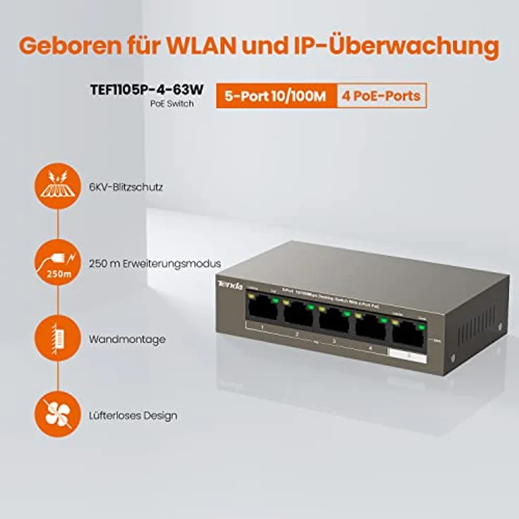 Tenda TEF1105P-4-63W - 5 Port 10-100 MBit-s Desktop Switch mit 4 Port PoE, 63 Watt, Zusätzlich 1x Uplink, Vollduplex, Metallgehäuse, 250 Meter, Plug & Play – Bild 2