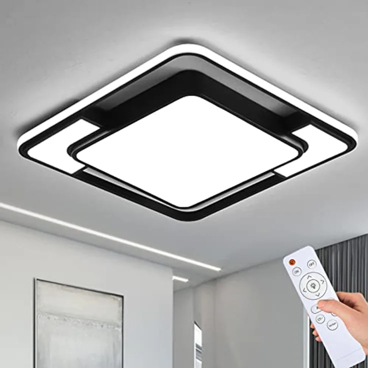 Natsen LED Deckenleuchte 90W dimmbar mit Fernbedienung, moderne Lampe für Küche Büro Schlafzimmer Wohnzimmer Esszimmer Flur Diele, Quadrat, Schwarz 42x42x6cm
