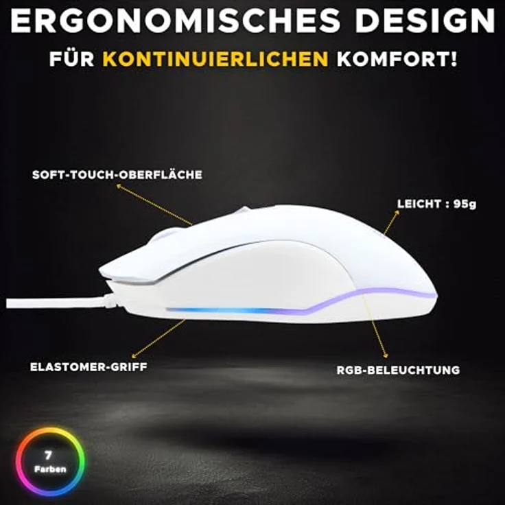 THE G-LAB Kult Helium, USB-Gaming-Maus mit Kabel, optischer Sensor 800 bis 6400 DPI, 7 farbige LED, 6 Tasten, leicht und bequem – Weiß – Bild 3