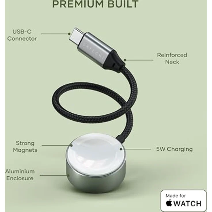 Satechi Ladekabel für Apple Watch, Magnetisch MFi FastCharge, 5W, geflochtene Nylonummantelung, Grau, 19 cm – Bild 4