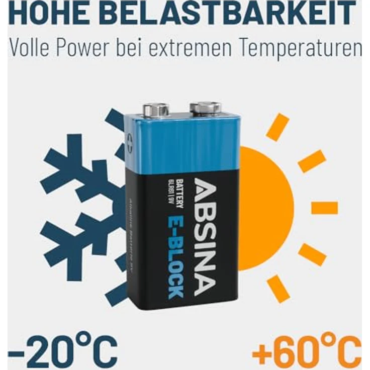 ABSINA 8X 9V Blockbatterie Alkaline, langlebig & auslaufsicher, ideal für Rauchmelder und mehr, Temperaturbereich -20°C bis +60°C – Bild 4