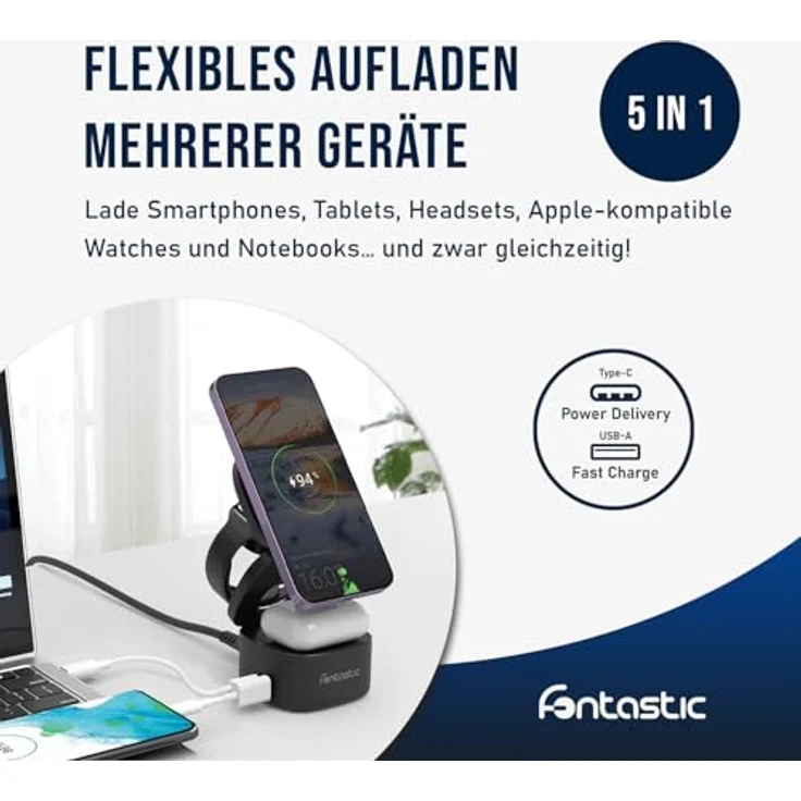 Fontastic Qumag induktive Ladestation 65W, Faltbarer 5-in-1 Wireless Charger mit Fast Charge USB-A und Power Delivery USB-C, geeignet für Smartphones, Tablets und mehr – Bild 3