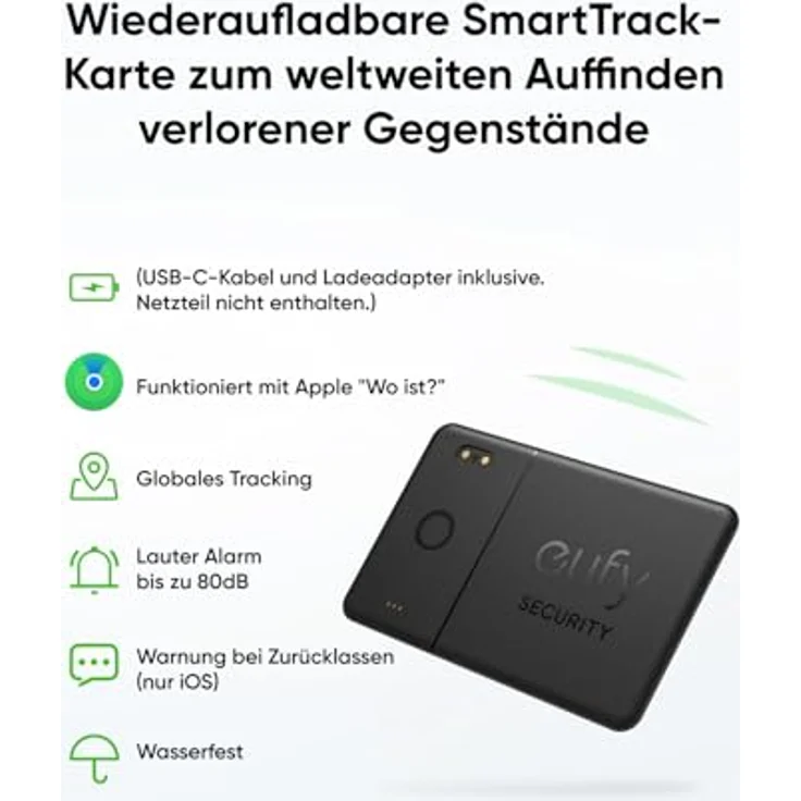 eufy SmartTrack-Karte E30, Wiederaufladbarer Bluetooth-Tracker, wasserabweisend, schwarz, kompatibel mit Apple "Wo ist?" – Bild 2