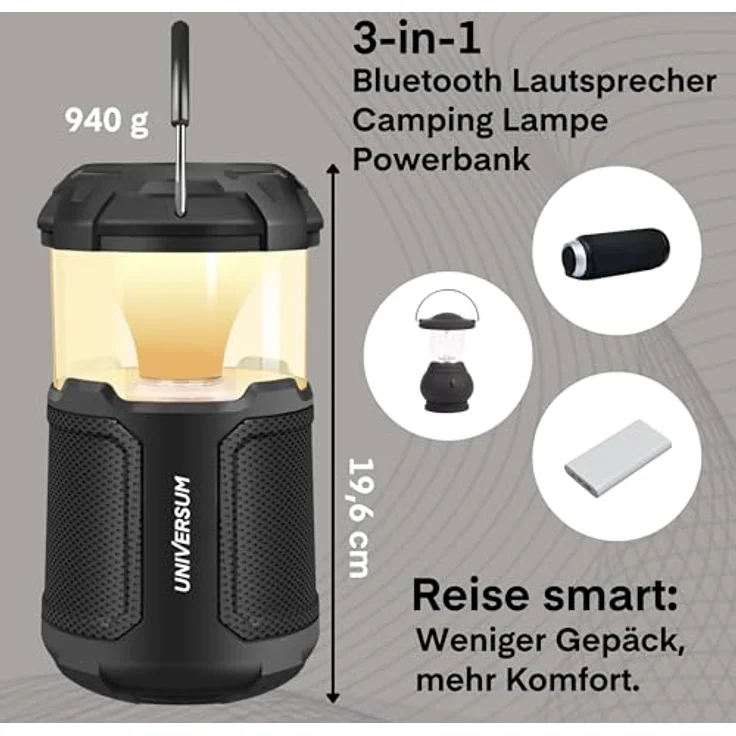 Universum BT 300 | Outdoor Bluetooth Lautsprecher mit Lampe und Powerbank | 20 W, SD-Karte, AUX-IN | 10000mAh Akku | Camping Laterne mit Bluetooth Lautsprecher | LED dimmbar, 2300 LUX | wetterfest – Bild 2