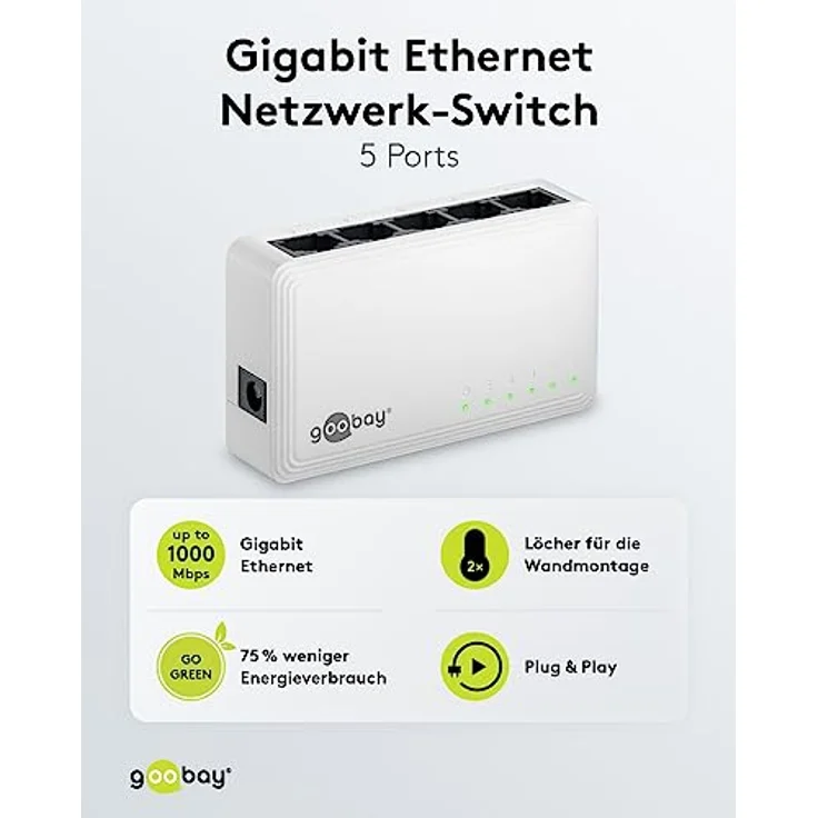 goobay 64563 Gigabit Ethernet Netzwerk Switch 5 Port / LAN Switch mit max. 1000 Mbit/s / Lüfterloses Design / Ethernet Switch mit Plug & Play / Optimierter Datenverteiler / Weiß – Bild 2