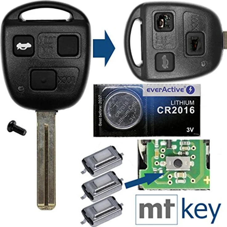 mt-key Auto Schlüssel 3 Tasten Set für LEXUS GS LS IS RX, inkl. TOY48 Rohling, Tastenfeld, 3x Taster und CR2016 Knopfzelle (3V) – Bild 3