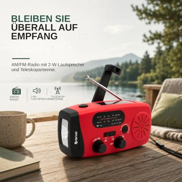 DENVER SCR-2007, Notfallradio mit Solar- und Dynamo-Antrieb, 2000 mAh Powerbank, FM, rot – Bild 2