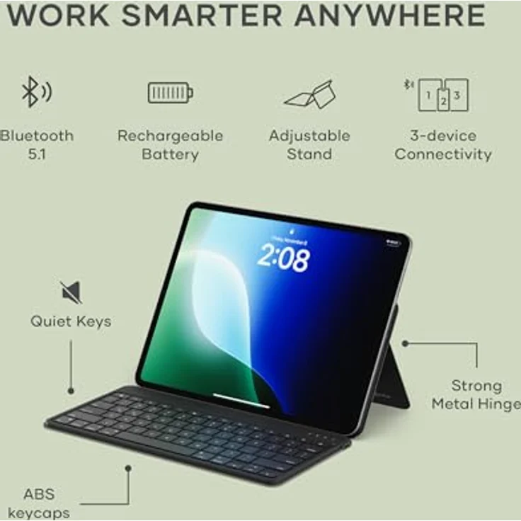 SATECHI OntheGo™ Kompakte Bluetooth Tastatur mit verstellbarem Ständer, Multi-Geräte-Konnektivität, wiederaufladbarem USB-C Akku, ergonomisches Design, US-QWERTY-Layout – Schwarz – Bild 2