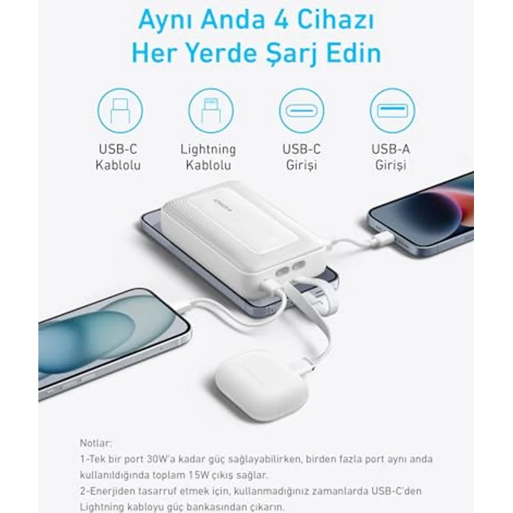 Anker Power Bank A1680G11, 10000mAh, 30W USB-C, integrierte Lightning Kabel, Schwarz – Bild 4