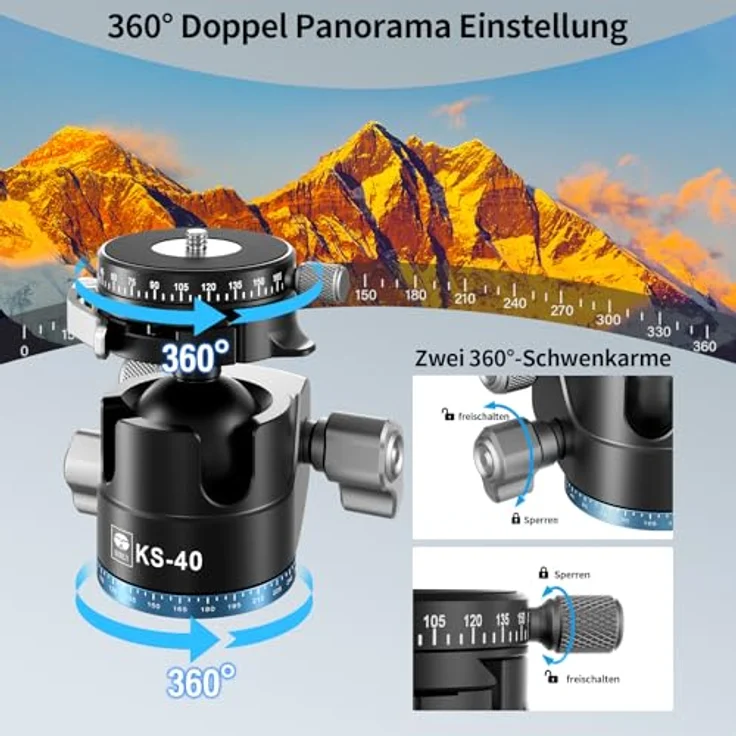 SIRUI KS-40 Low Profile Kugelkopf, Aluminium 360° Doppel-Panoramakugelkopf für Kamera, Camcorder, maximale Belastung 25kg – Bild 4