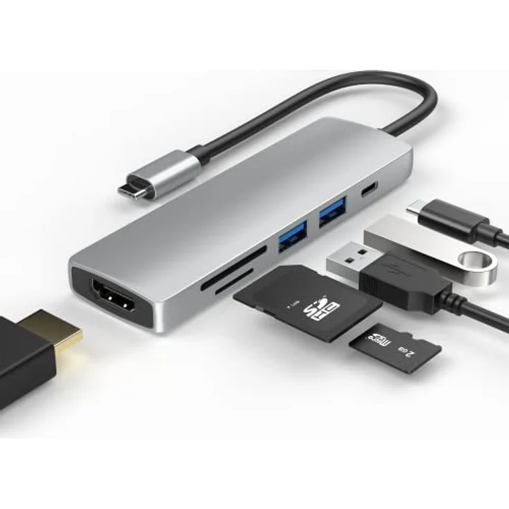 Redstar24 USB C HUB 6 in 1 Adapter Multiport USB C mit HDMI 4K, USB 3.0, SD/TF Kartenleser Micro SD 55W PD | kompatibel für TV MacBook Pro, Air, iPad Pro, Samsung | Laptop und mehr Typ C Geräte – Bild 1