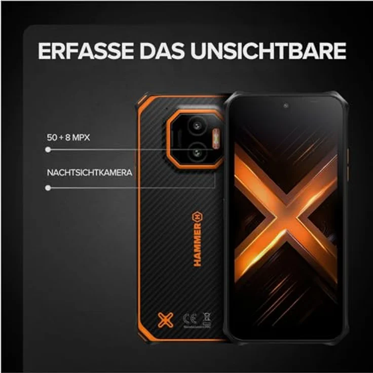 Hammer Energy X2 4G, Rugged Outdoor Smartphone mit 6+6GB RAM, 128GB, 50-MP Kamera, IP69, 6.1" Display – Schwarz-Orange – Bild 4