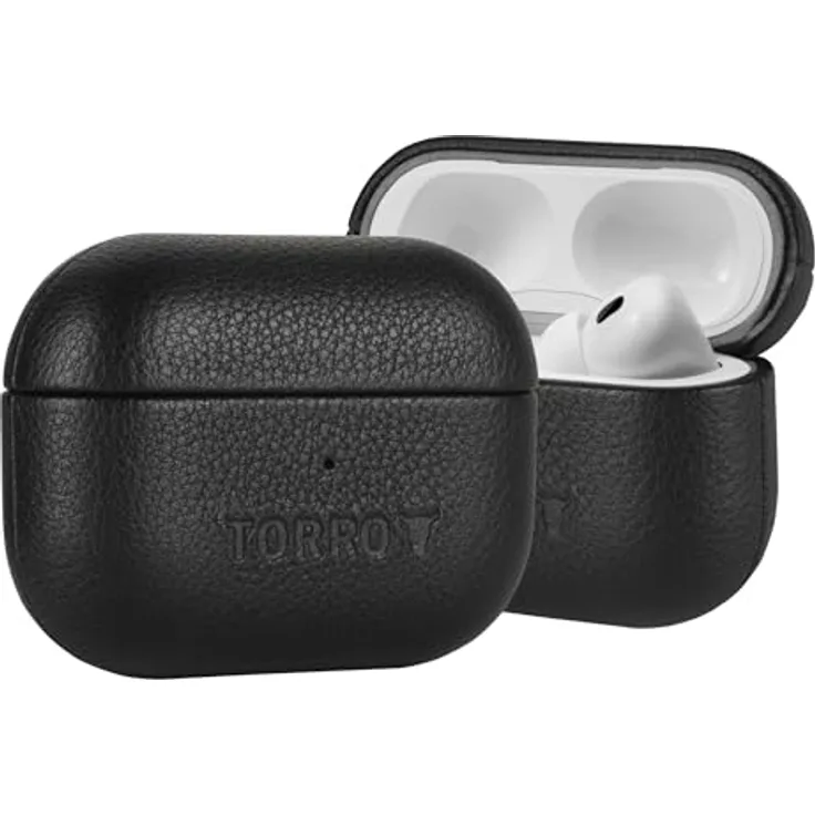 TORRO Lederhülle für AirPods Pro (1. und 2. Generation) – Echtleder Schutzhülle in Schwarz mit kabellosem Laden und Mikrofaser Futter