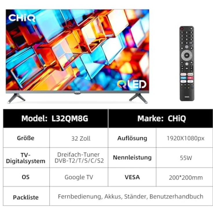 CHIQ QLED Fernseher 32 Zoll, FHD, HDR, rahmenloses Metall-Design, Google TV, Chromecast, Quad-Core CPU, Dolby Audio – Bild 2