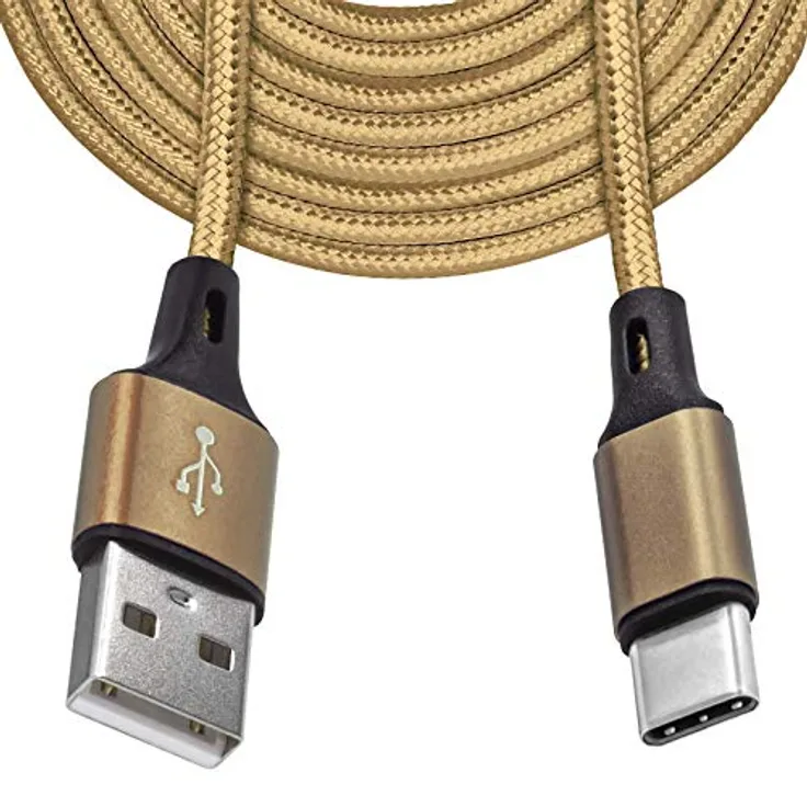 Mobilefox Typ C USB Schnell Lade Daten Kabel, 3m Länge, Nylon Stecker, Gold