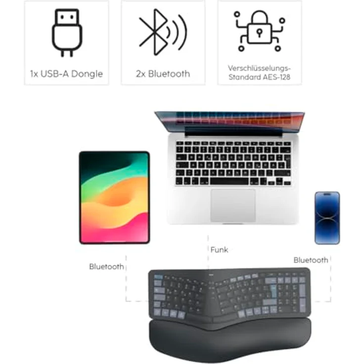 Hama WK-900 Ergo Multi-Device-Tastatur kabellos schwarz, ergonomisch geformt, dimmbare Hintergrundbeleuchtung, gepolsterte Handballenauflage – Bild 14