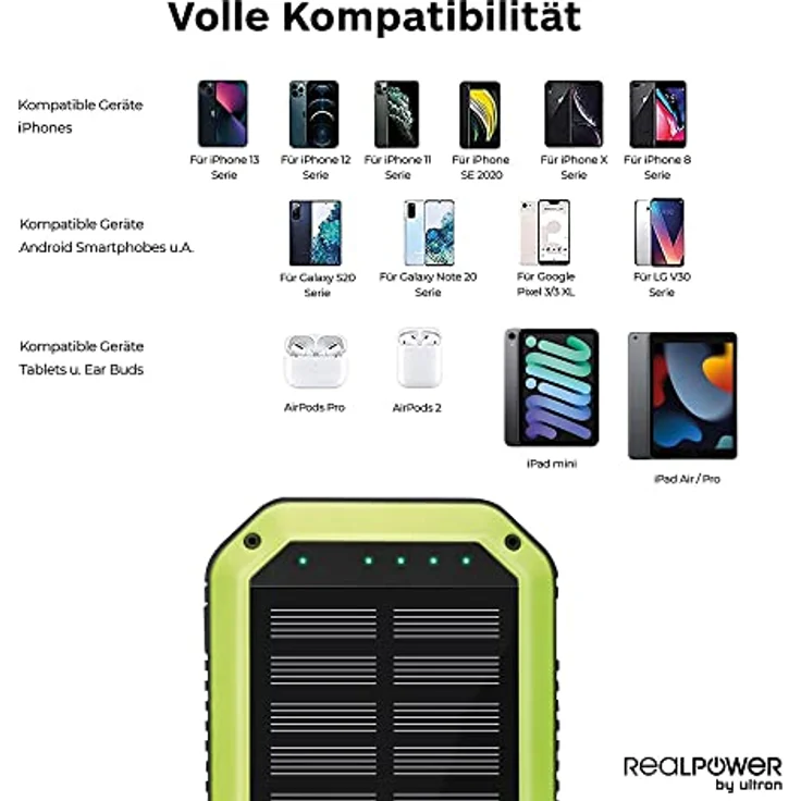 RealPower PB-10000 Wireless Solar Powerbank, 10000mAh Solarladegerät externer Akku mit QI, USB C EIN- Ausgang für Smartphone Tablets und mehr – Bild 4