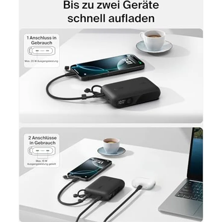 Belkin Powerbank 10.000 mAh, Powerbank mit 2 USB-C-Anschlüssen und digitaler Akkuanzeige, 20 W Leistung für iPhone 16/15, Samsung Galaxy S25/S24, Pixel 9, iPad – Schwarz – Bild 2