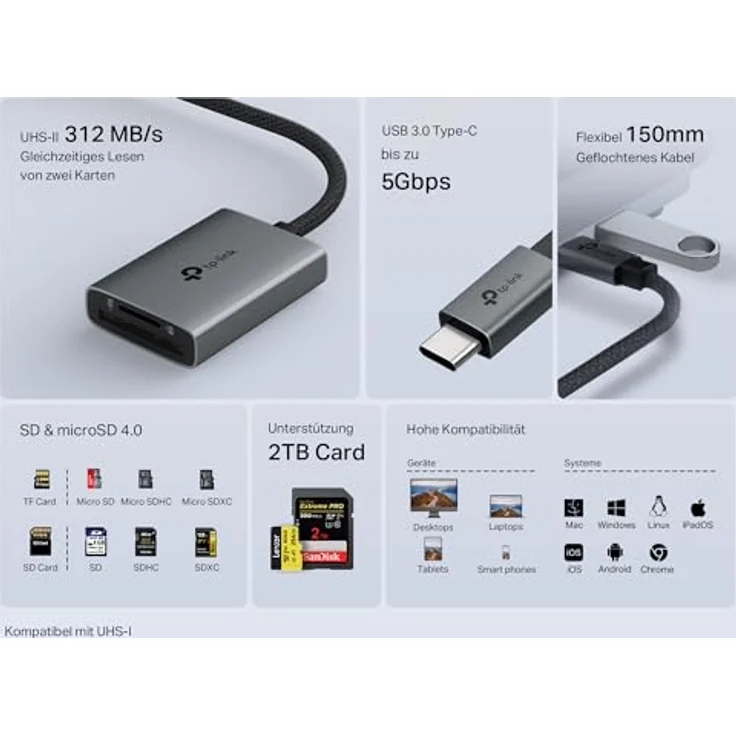 TP-Link UA440C USB Type-C auf SD-Kartenleser, 3 × schnellere Datenübertragung, unterstützt Karten bis 2 TB, kompatibel mit Mac, Windows, iPadOS, iOS, Android und Linux – Bild 2