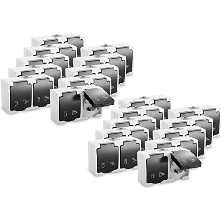 greate 20x Feuchtraum Steckdose Aufputz 2fach mit Klappdeckel IP44, 250V, 16A, 2 polig - Grau - Ideal für Feuchträume und Aussenbereiche